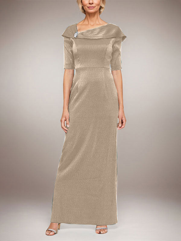 Long Shimmer Column Dress with Foldover Cuff L-Neckline and Elbow Sleeves