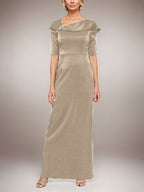 Long Shimmer Column Dress with Foldover Cuff L-Neckline and Elbow Sleeves