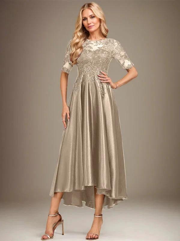 A-line Scoop Illusion Asymmetrical Stretch Satin Lace Mother of the Bride Dress With Sequins by Dreamylily