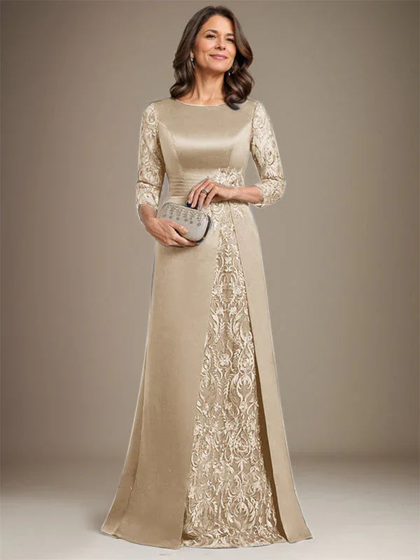 Vestido de madre de la novia de satén con encaje, corte A, largo hasta el suelo y apliques 