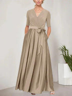 Surplice Neckline Ballgown with Full Satin Skirt & Jersey Bodice by Dreamylily