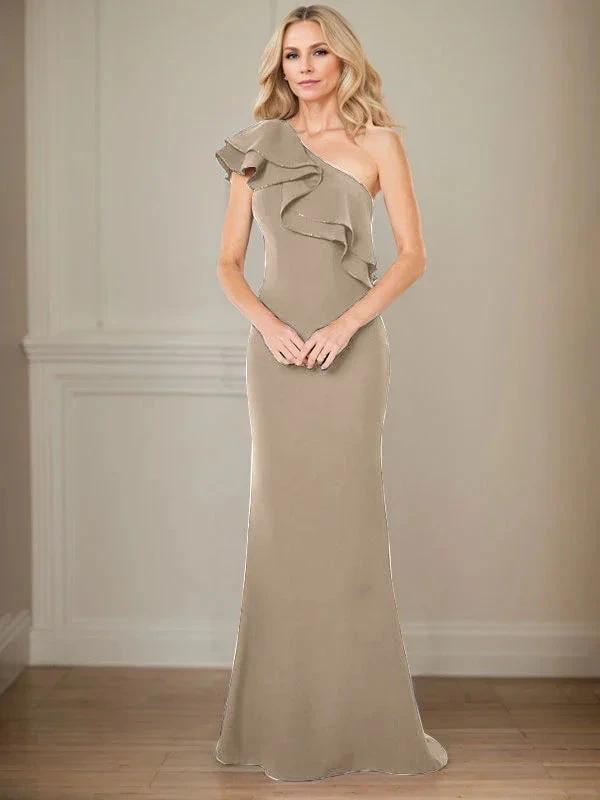 A-line One Shoulder Floor-Length Chiffon Mother of the Bride Dress With Ruffles by Dreamylily