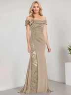 A-Line Off the Shoulder Floor-Length Mother of the Bride Dress Applique Beadings Mermaid Dress With High Split by Dreamylily