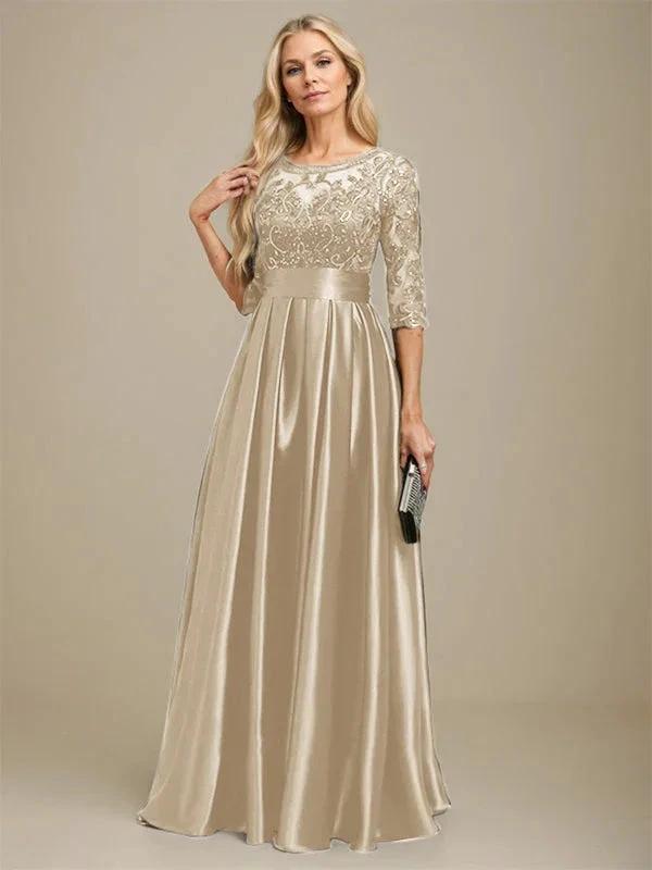 A-line Scoop Illusion Floor-Length Stretch Satin Lace Mother of the Bride Dress With Bow Sequins by Dreamylily