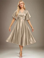 A-line V-Neck Tea-Length Stretch Satin Mother of the Bride Dress With Beading Pleated by Dreamylily