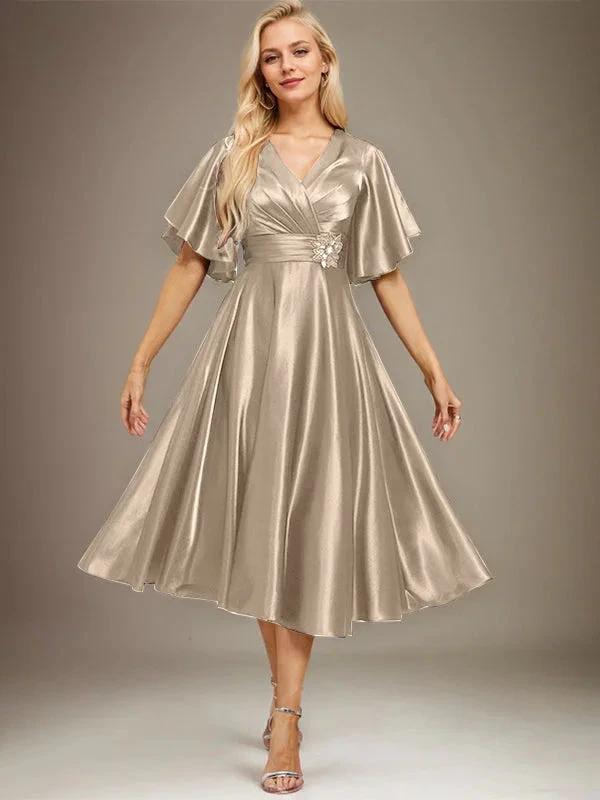 A-line V-Neck Tea-Length Stretch Satin Mother of the Bride Dress With Beading Pleated by Dreamylily