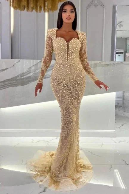 Champagne Mermaid Long Sleeves Sweetheart Prom Dress with Tulle Overskirt by misshow.com