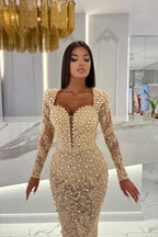 Champagne Mermaid Long Sleeves Sweetheart Prom Dress with Tulle Overskirt by misshow.com