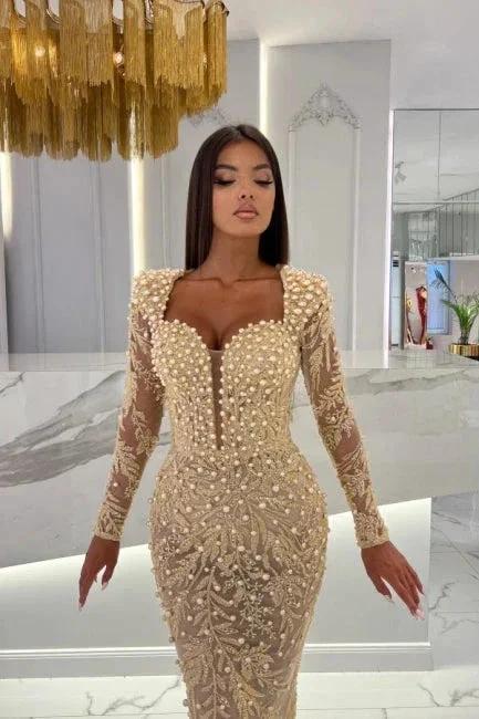 Champagne Mermaid Long Sleeves Sweetheart Prom Dress with Tulle Overskirt by misshow.com