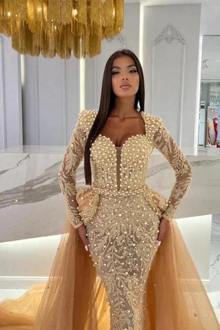 Champagne Mermaid Long Sleeves Sweetheart Prom Dress with Tulle Overskirt by misshow.com