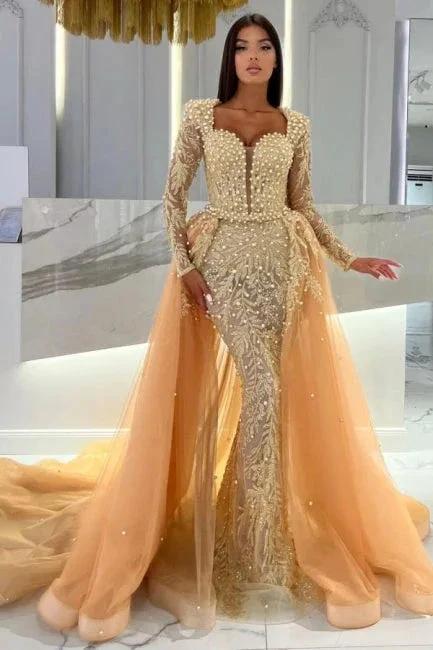Champagne Mermaid Long Sleeves Sweetheart Prom Dress with Tulle Overskirt by misshow.com