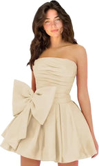 Chic Short Homecoming Dresses A-line Sleeveless Strapless Ruched Lace Up Party Dresses with Bow