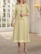 A-line Scoop Tea-Length Lace Chiffon Mother of the Bride Dress With Sequins by Dreamylily