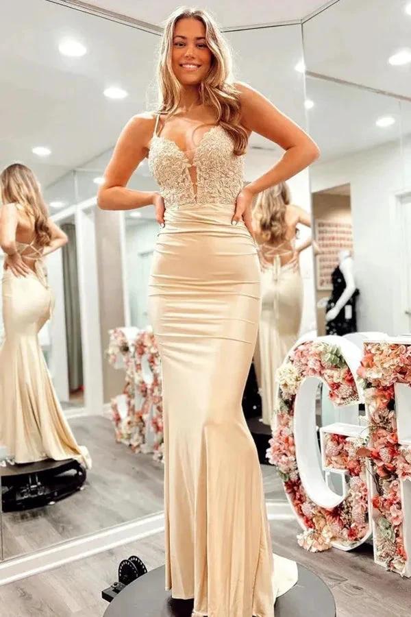 Champagne Spaghetti Straps Corset Back Long Prom Dress PSK518 by pgmdress