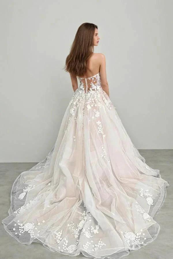 Champagne Tulle Lace Elegant Wedding Dresses Strapless Bridal Gowns WD712 by pgmdress
