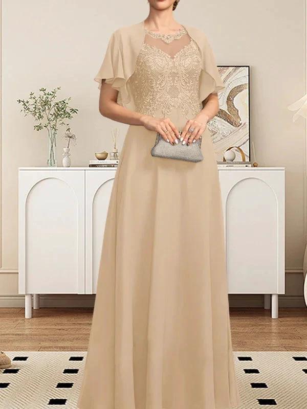 A-line Scoop Illusion Floor-Length Lace Chiffon Mother of the Bride Dress With Sequins by Dreamylily