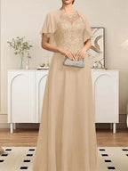 A-line Scoop Illusion Floor-Length Lace Chiffon Mother of the Bride Dress With Sequins by Dreamylily