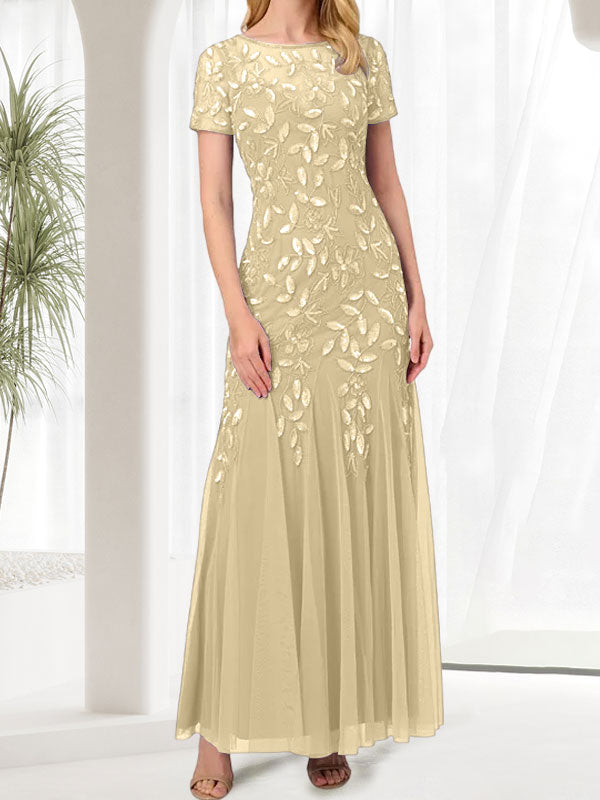 Blue Mermaid Round Neck Long Mother of the Bride Dress With Beadings