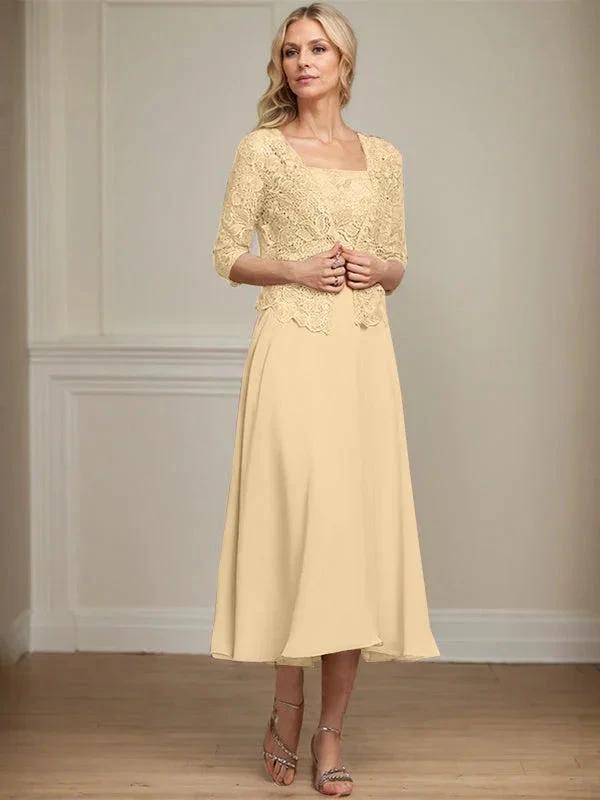 A-line Square Tea-Length Chiffon Lace Mother of the Bride Dress With Sequins Beading by Dreamylily