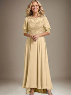 A-line Scoop Illusion Asymmetrical Chiffon Lace Mother of the Bride Dress With Beading by Dreamylily
