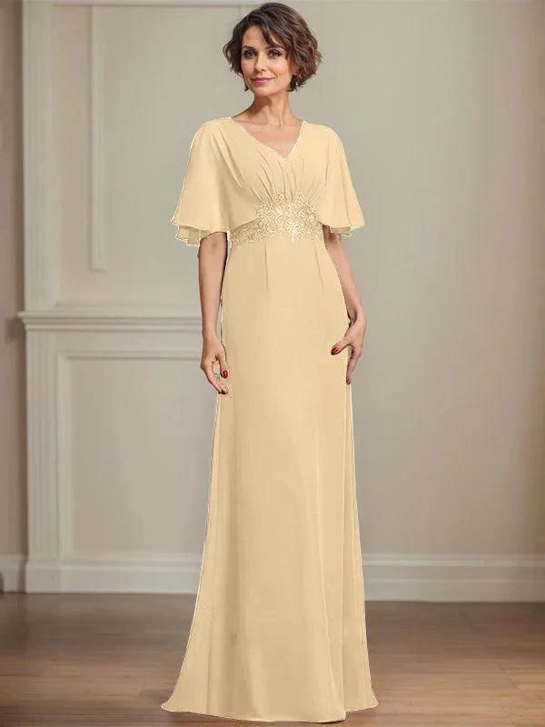 A-line V-Neck Floor-Length Chiffon Mother of the Bride Dress With Pleated Sequins Appliques Lace by Dreamylily