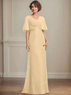 A-line V-Neck Floor-Length Chiffon Mother of the Bride Dress With Pleated Sequins Appliques Lace by Dreamylily