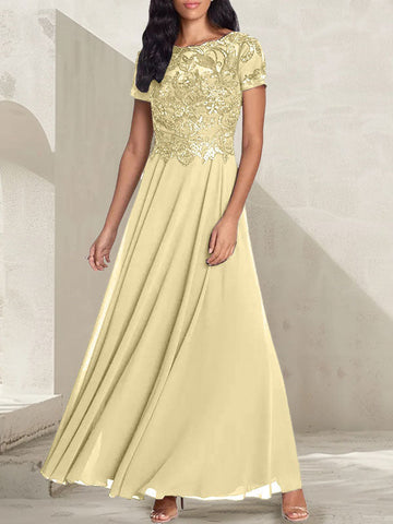 Vestido largo de madre de la novia con escote redondo, corte A, color gris carbón y cuentas
