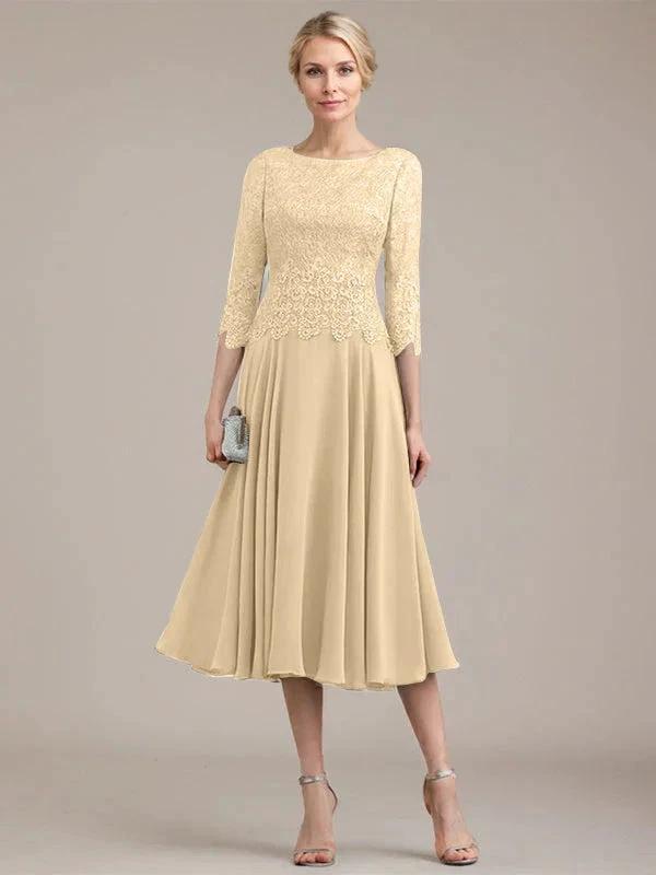 A-line Scoop Tea-Length Lace Chiffon Mother of the Bride Dress by Dreamylily