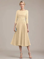 A-line Scoop Tea-Length Lace Chiffon Mother of the Bride Dress by Dreamylily