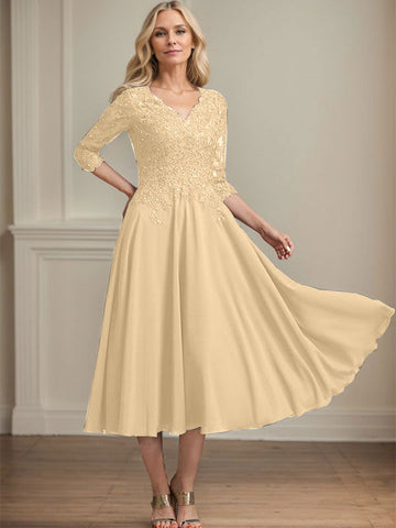 A-line V-Neck Tea-Length Chiffon Lace Mother of the Bride Dress With Beading Sequins