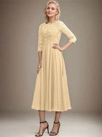A-line Scoop Tea-Length Lace Chiffon Mother of the Bride Dress With Sequins by Dreamylily