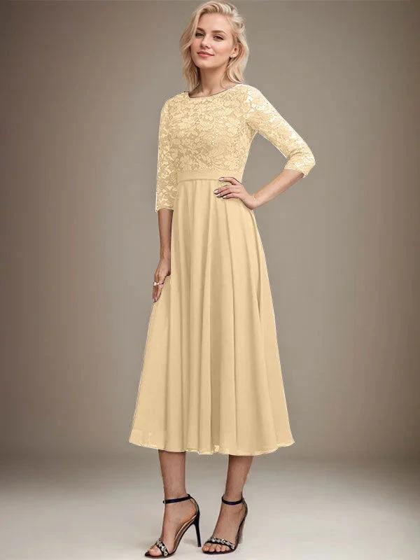 A-line Scoop Tea-Length Lace Chiffon Mother of the Bride Dress With Sequins by Dreamylily