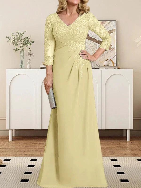 Sheath/Column V-Neck Illusion Floor-Length Lace Chiffon Mother of the Bride Dress With Pleated Sequins by Dreamylily