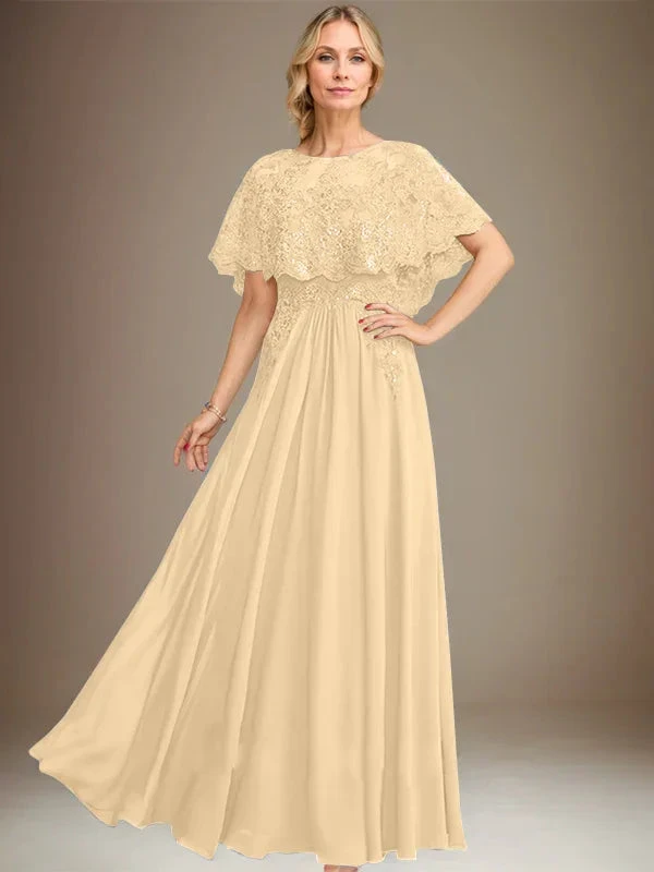 A-line Boat Neck Floor-Length Lace Chiffon Mother of the Bride Dress With Applique Sequins by Dreamylily