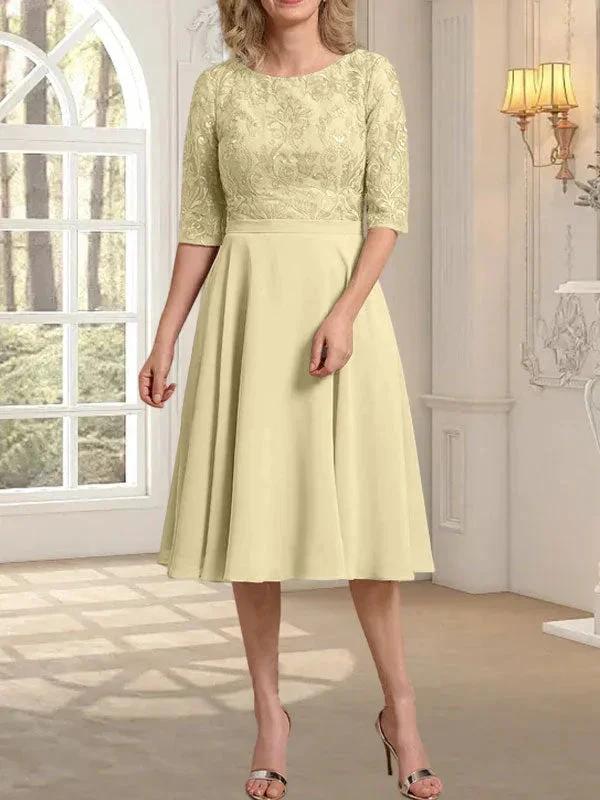A-line Scoop Knee-Length Lace Chiffon Mother of the Bride Dress by Dreamylily