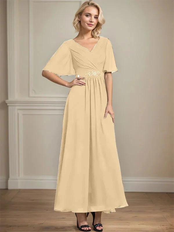 A-line V-Neck Ankle-Length Chiffon Mother of the Bride Dress With Pleated Beading Sequins by Dreamylily