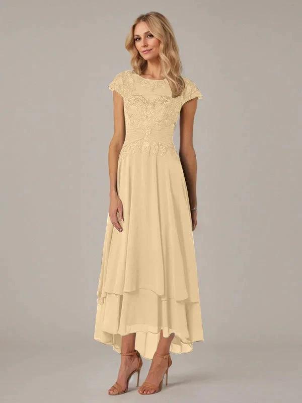 A-line Boat Neck Illusion Asymmetrical Chiffon Lace Mother of the Bride Dress With Applique Pleats by Dreamylily