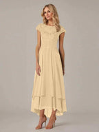 A-line Boat Neck Illusion Asymmetrical Chiffon Lace Mother of the Bride Dress With Applique Pleats by Dreamylily