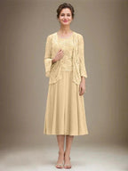 A-line Scoop Tea-Length Lace Chiffon Mother of the Bride Dress With Sequins by Dreamylily