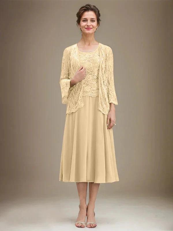 A-line Scoop Tea-Length Lace Chiffon Mother of the Bride Dress With Sequins by Dreamylily