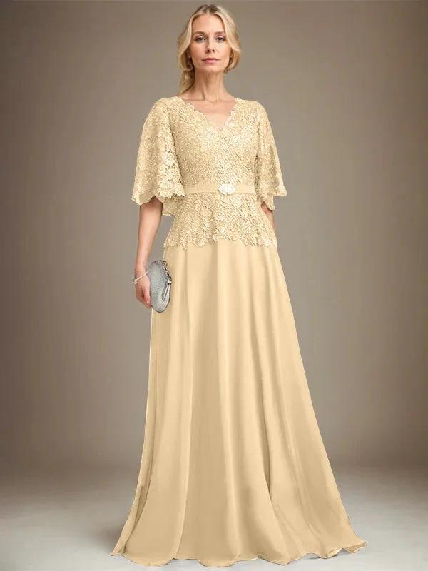 A-line V-Neck Floor-Length Chiffon Lace Mother of the Bride Dress With Crystal Brooch Rhinestone by Dreamylily