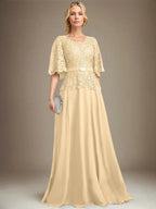 A-line V-Neck Floor-Length Chiffon Lace Mother of the Bride Dress With Crystal Brooch Rhinestone by Dreamylily