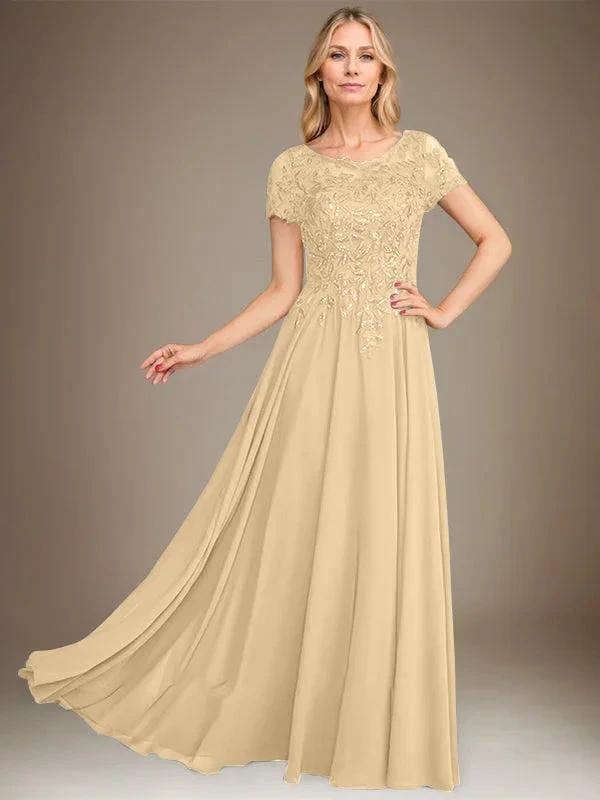 A-Line Scoop Floor-Length Chiffon Mother of the Bride Dress With Applique & Sequins by Dreamylily