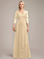 A-line V-Neck Floor-Length Lace Chiffon Mother of the Bride Dress With Cascading Ruffles Sequins by Dreamylily