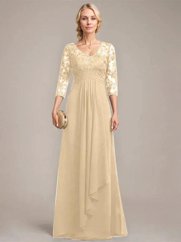 A-line V-Neck Floor-Length Lace Chiffon Mother of the Bride Dress With Cascading Ruffles Sequins by Dreamylily