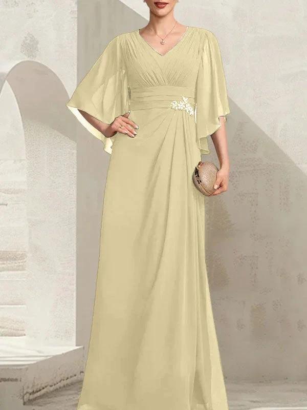 Sheath/Column V-Neck Floor-Length Chiffon Mother of the Bride Dress With Pleated Sequins Beading by Dreamylily