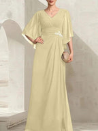Sheath/Column V-Neck Floor-Length Chiffon Mother of the Bride Dress With Pleated Sequins Beading by Dreamylily