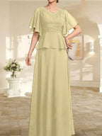 A-line V-Neck Floor-Length Chiffon Mother of the Bride Dress With Pleated Beading by Dreamylily