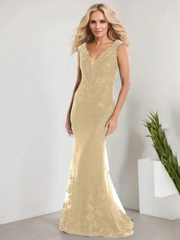 A-line V-Neck Floor-Length Lace Chiffon Mother of the Bride Dress With Applique Sequins Mermaid Dresses by Dreamylily