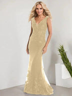 A-line V-Neck Floor-Length Lace Chiffon Mother of the Bride Dress With Applique Sequins Mermaid Dresses by Dreamylily